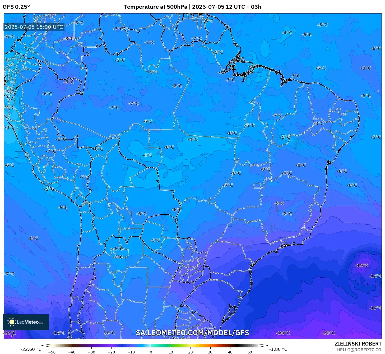 GFS model - Brazil, Temperature at 500hPa GFS model - Brazil, Temperature at 500hPa