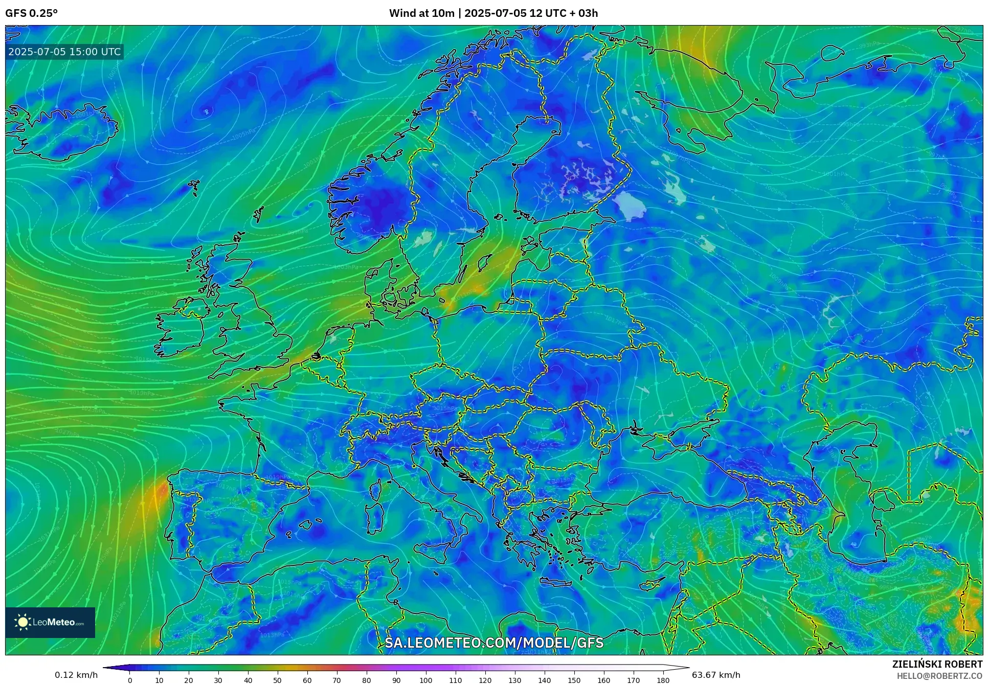 GFS model - Europe, Wind at 10m GFS model - Europe, Wind at 10m