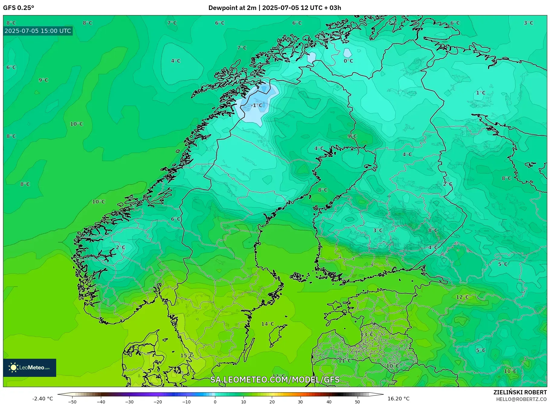 GFS model - Scandinavia, Dewpoint at 2m GFS model - Scandinavia, Dewpoint at 2m