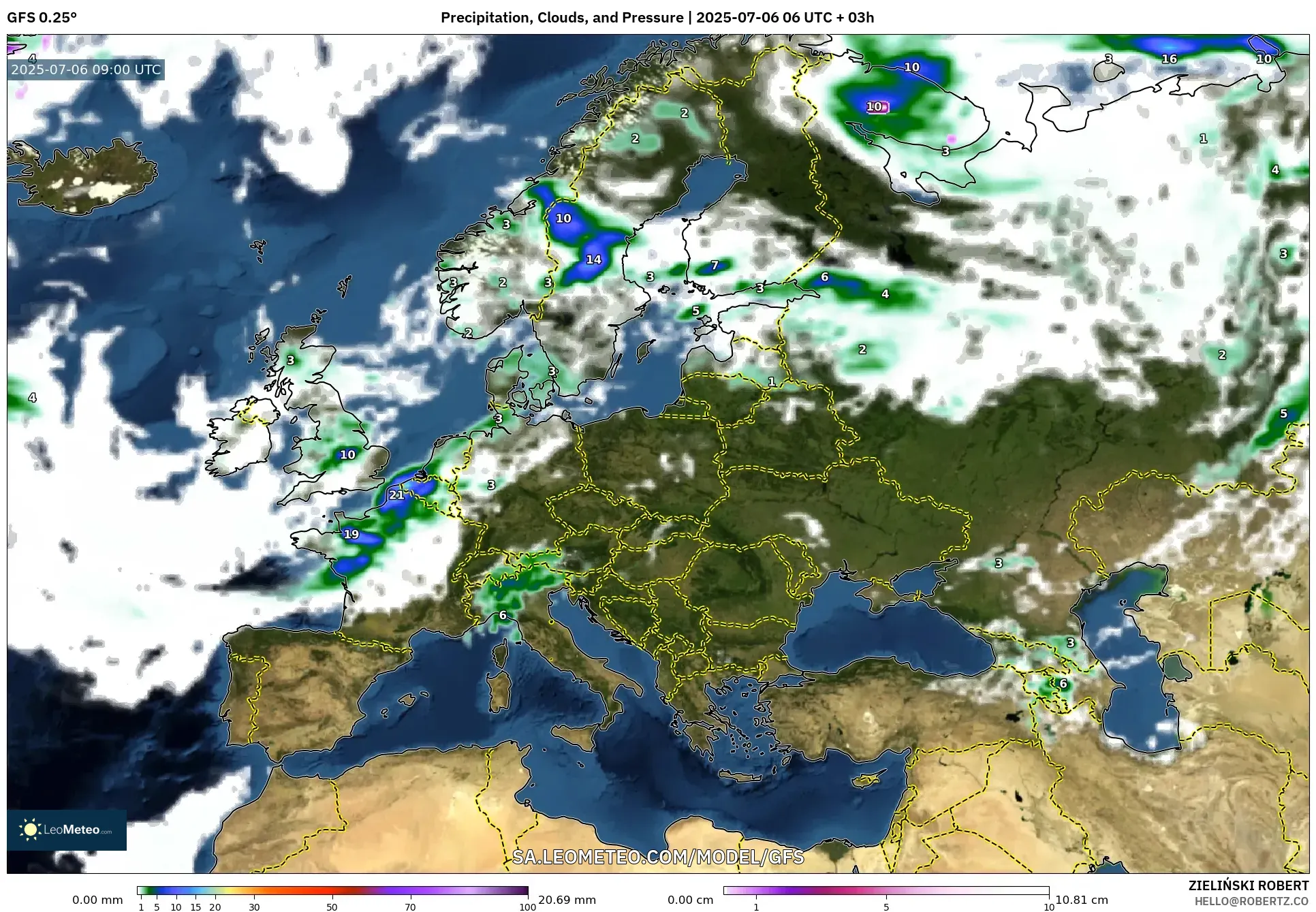 GFS model - Europe, Precipitation, Clouds, and Pressure