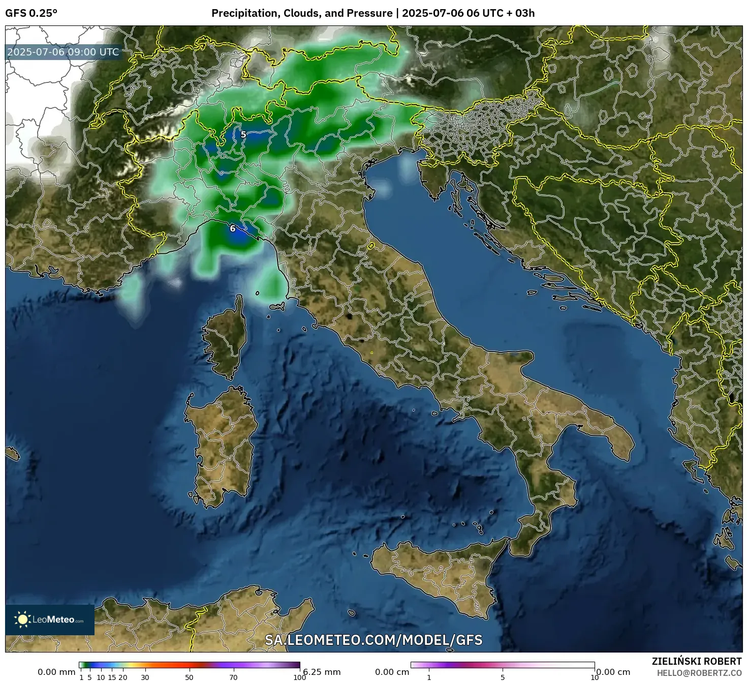 GFS model - Italy, Precipitation, Clouds, and Pressure GFS model - Italy, Precipitation, Clouds, and Pressure