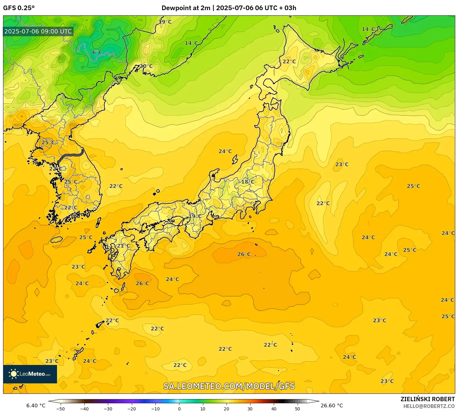 GFS model - Japan, Dewpoint at 2m GFS model - Japan, Dewpoint at 2m