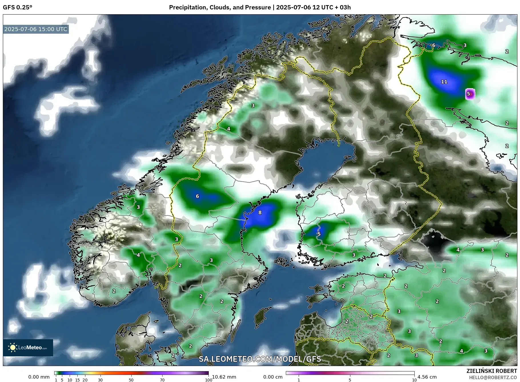 GFS model - Scandinavia, Precipitation, Clouds, and Pressure GFS model - Scandinavia, Precipitation, Clouds, and Pressure