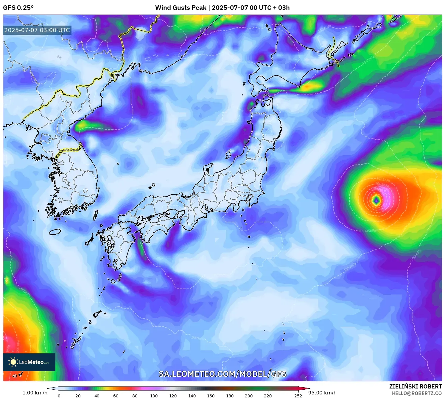 GFS model - Japan, Wind Gusts Peak GFS model - Japan, Wind Gusts Peak