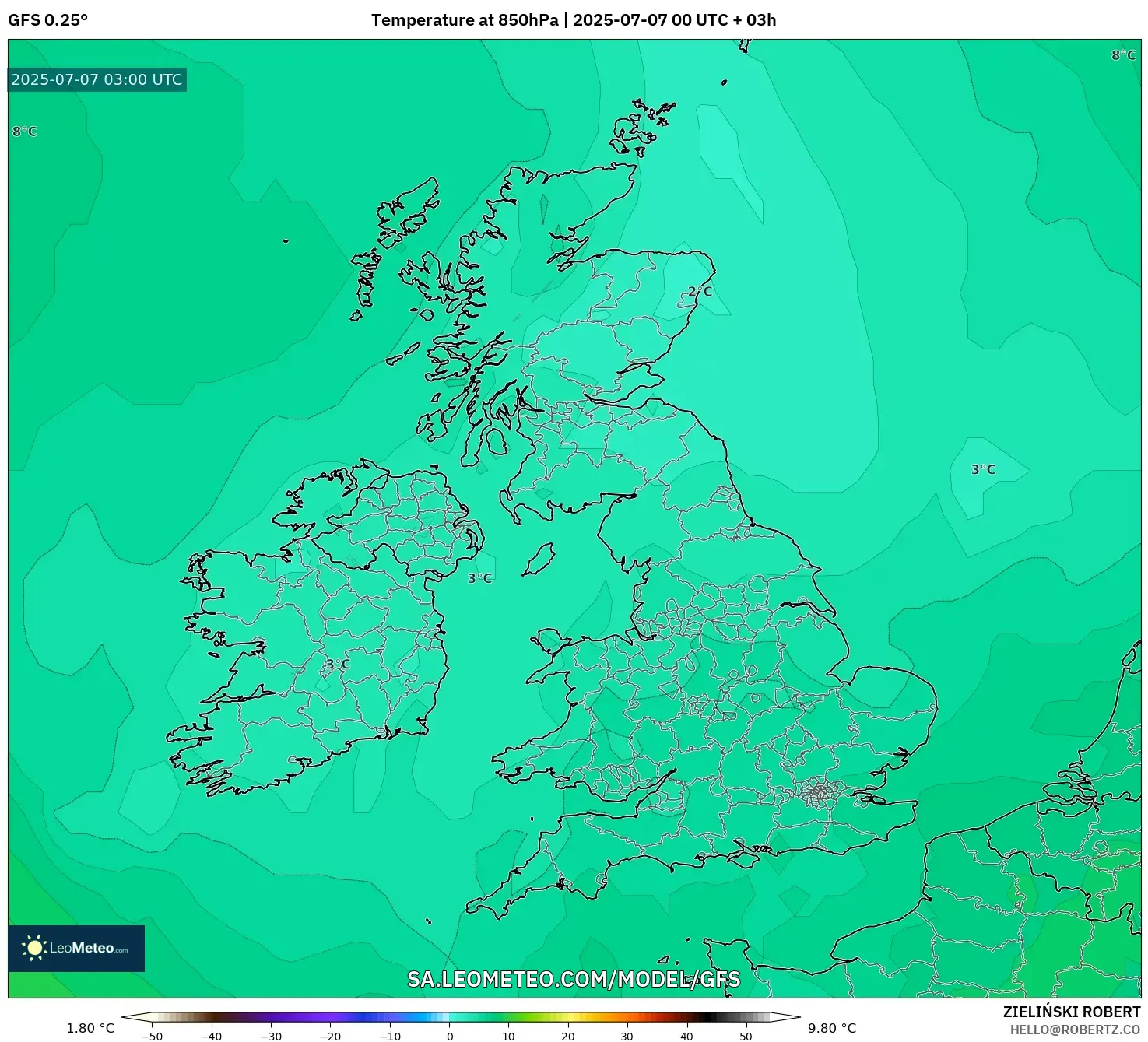 GFS model - United Kingdom, Temperature at 850hPa GFS model - United Kingdom, Temperature at 850hPa