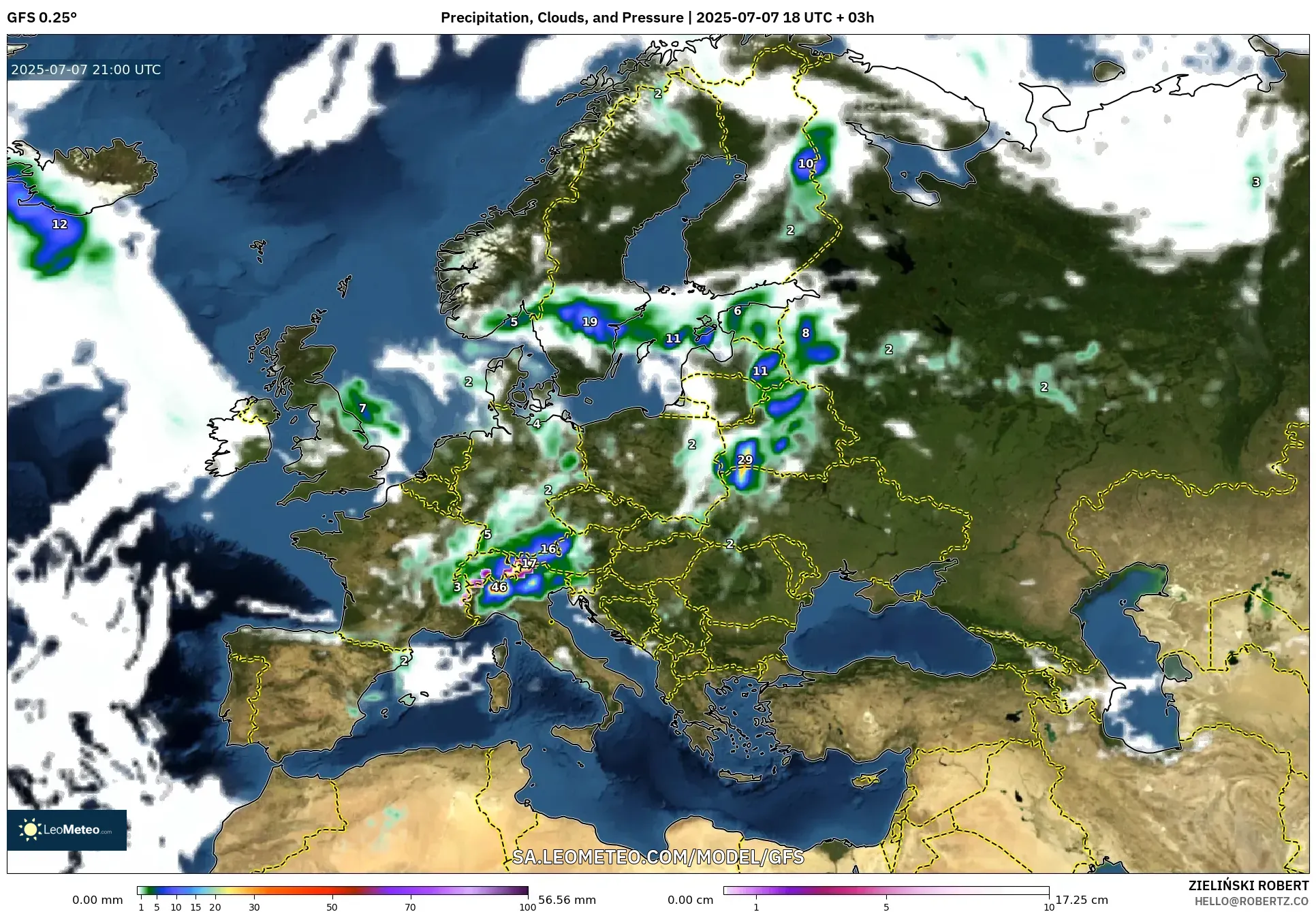 GFS model - Europe, Precipitation, Clouds, and Pressure GFS model - Europe, Precipitation, Clouds, and Pressure