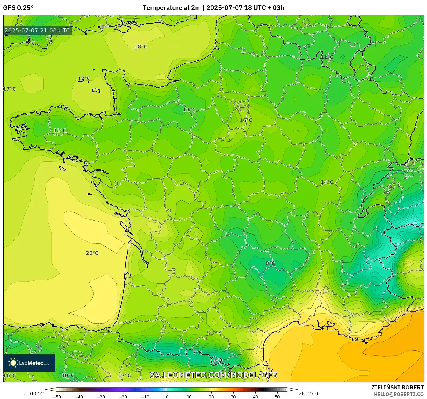 GFS model - France, Temperature at 2m GFS model - France, Temperature at 2m