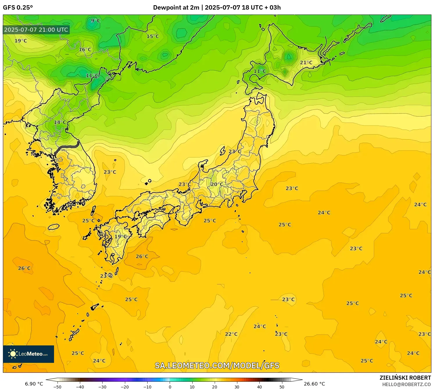 GFS model - Japan, Dewpoint at 2m GFS model - Japan, Dewpoint at 2m