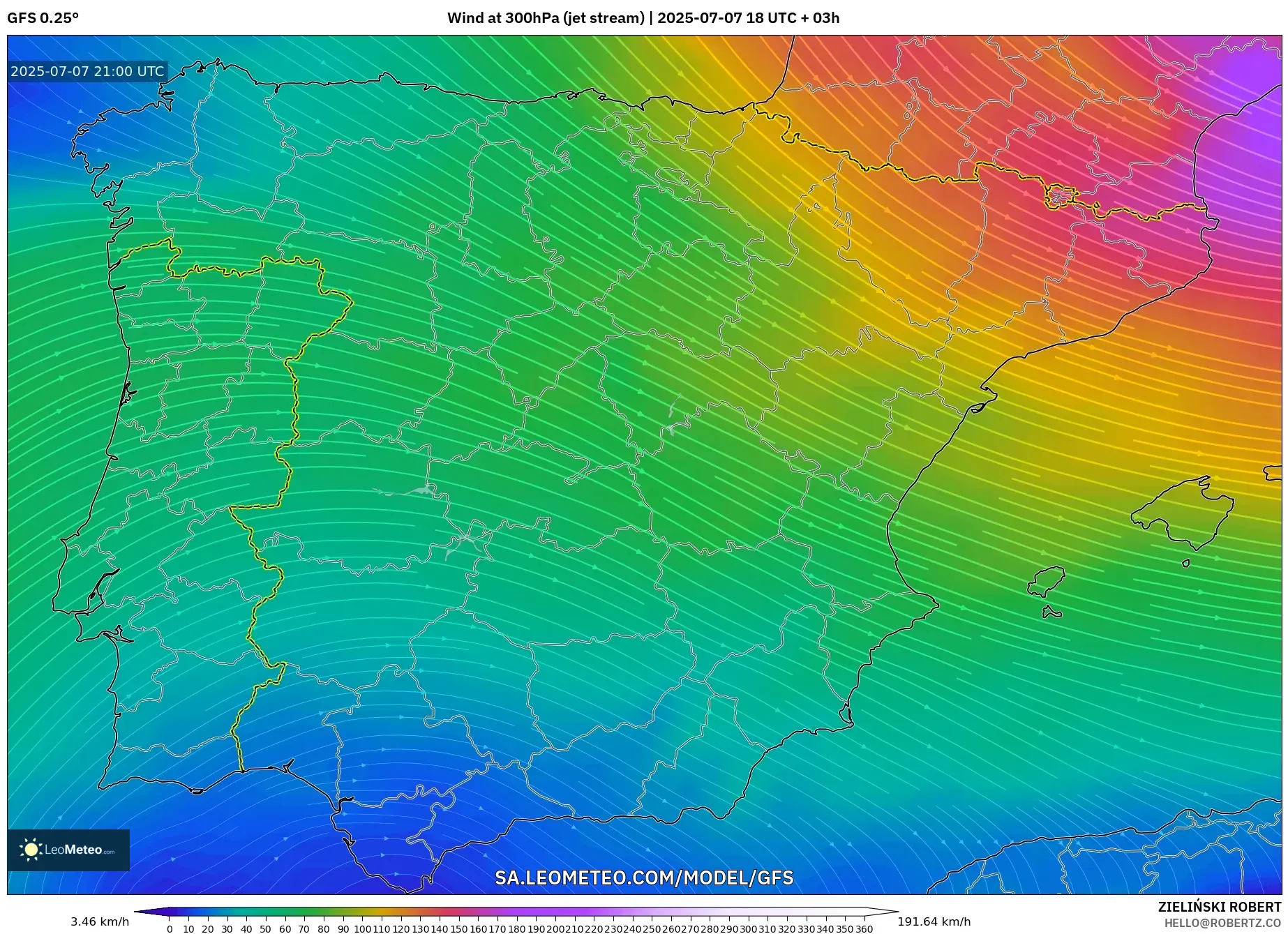 GFS model - Spain, Wind at 300hPa (jet stream)