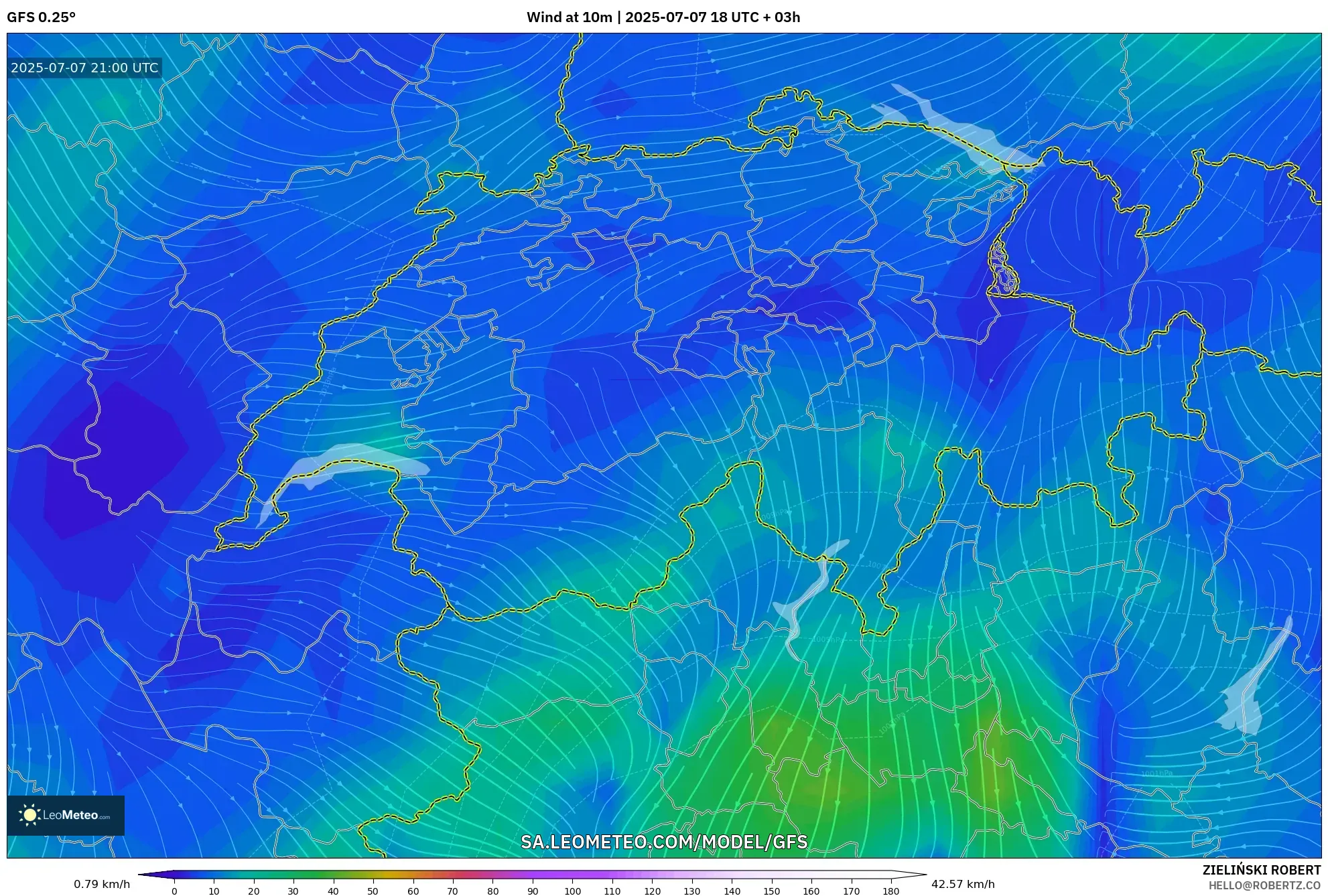 GFS model - Switzerland, Wind at 10m
