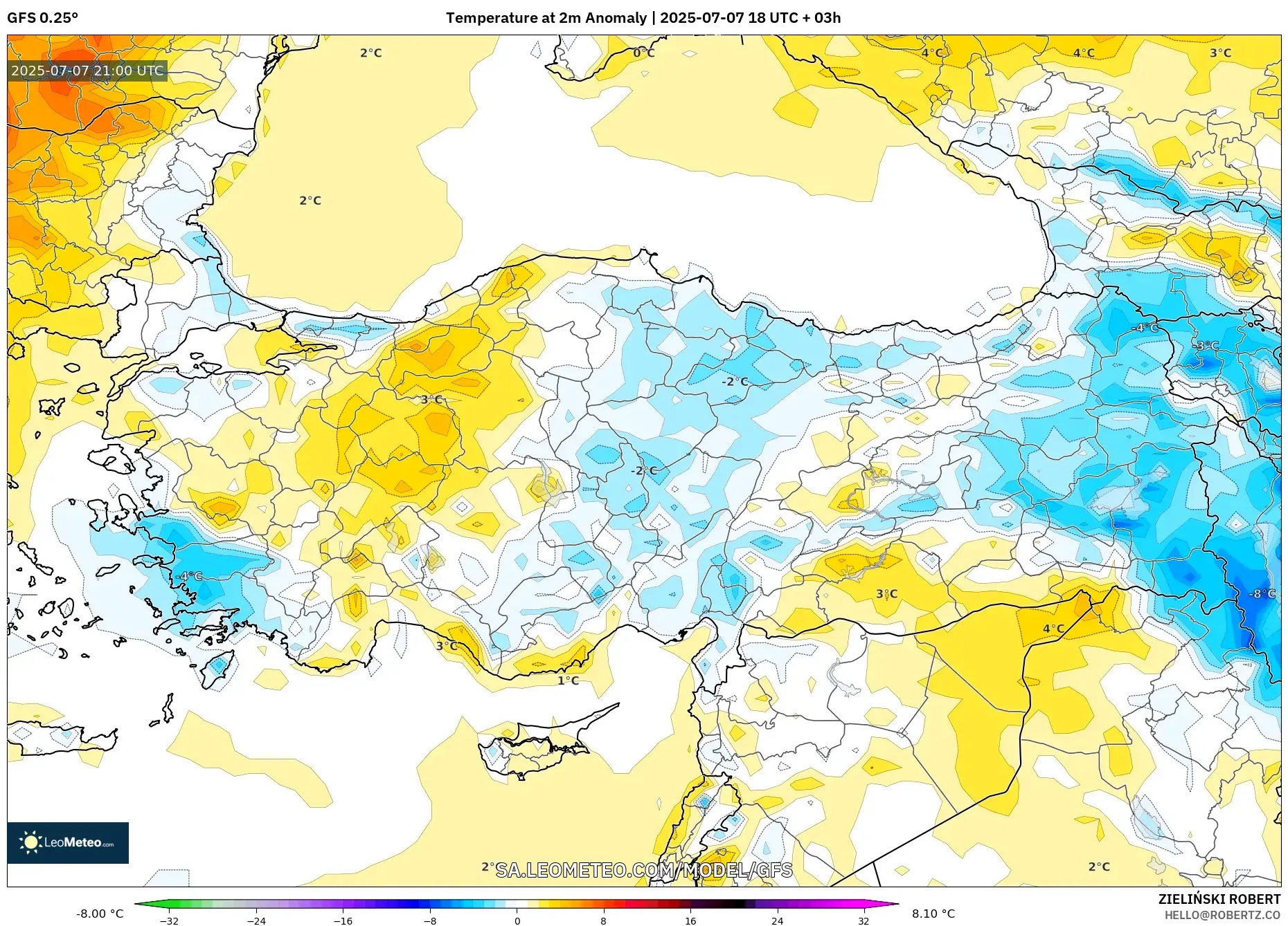 GFS model - Turkey, Temperature at 2m Anomaly GFS model - Turkey, Temperature at 2m Anomaly