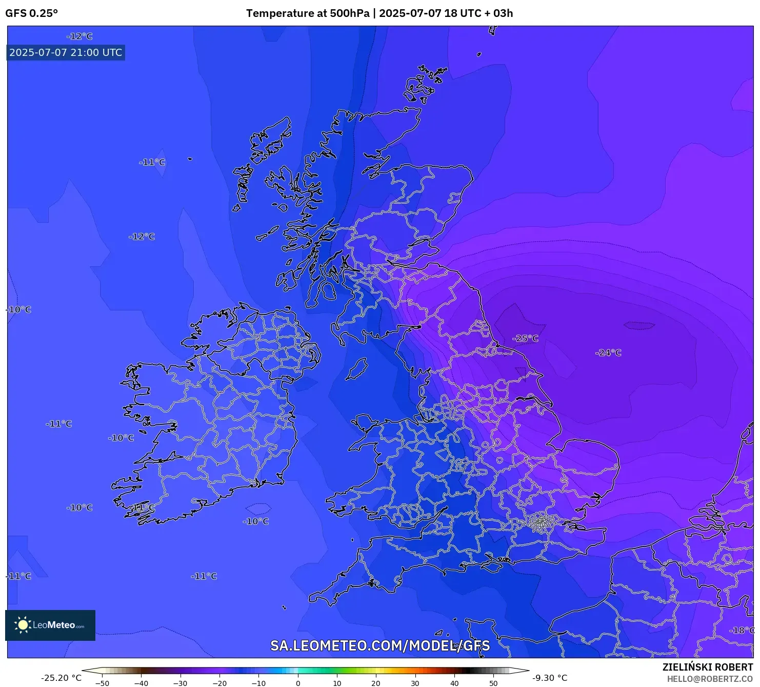 GFS model - United Kingdom, Temperature at 500hPa GFS model - United Kingdom, Temperature at 500hPa
