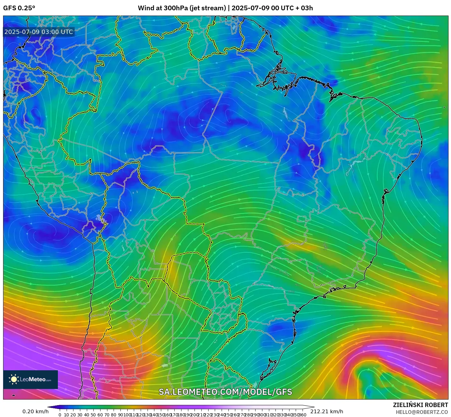 GFS model - Brazil, Wind at 300hPa (jet stream) GFS model - Brazil, Wind at 300hPa (jet stream)