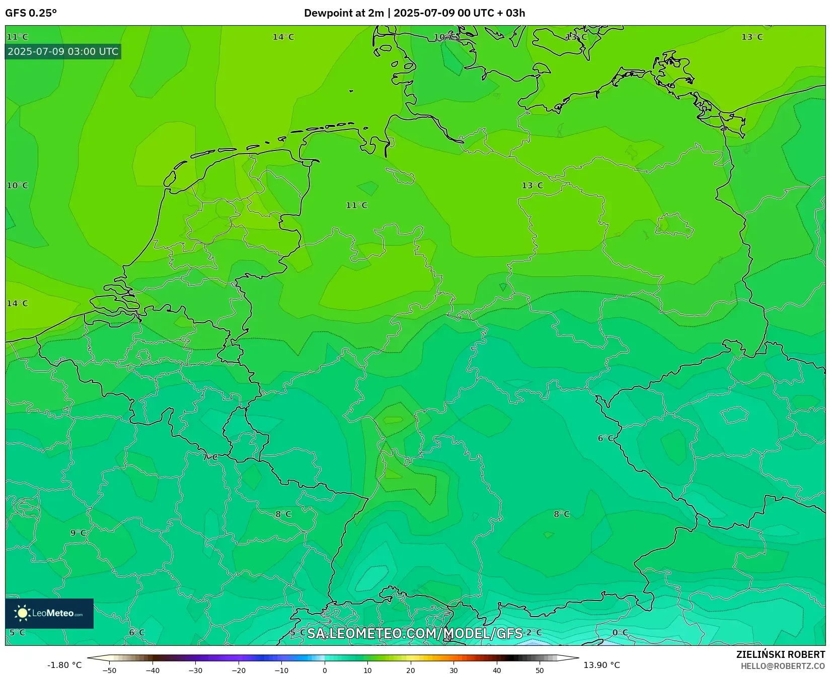 GFS model - Germany, Dewpoint at 2m GFS model - Germany, Dewpoint at 2m
