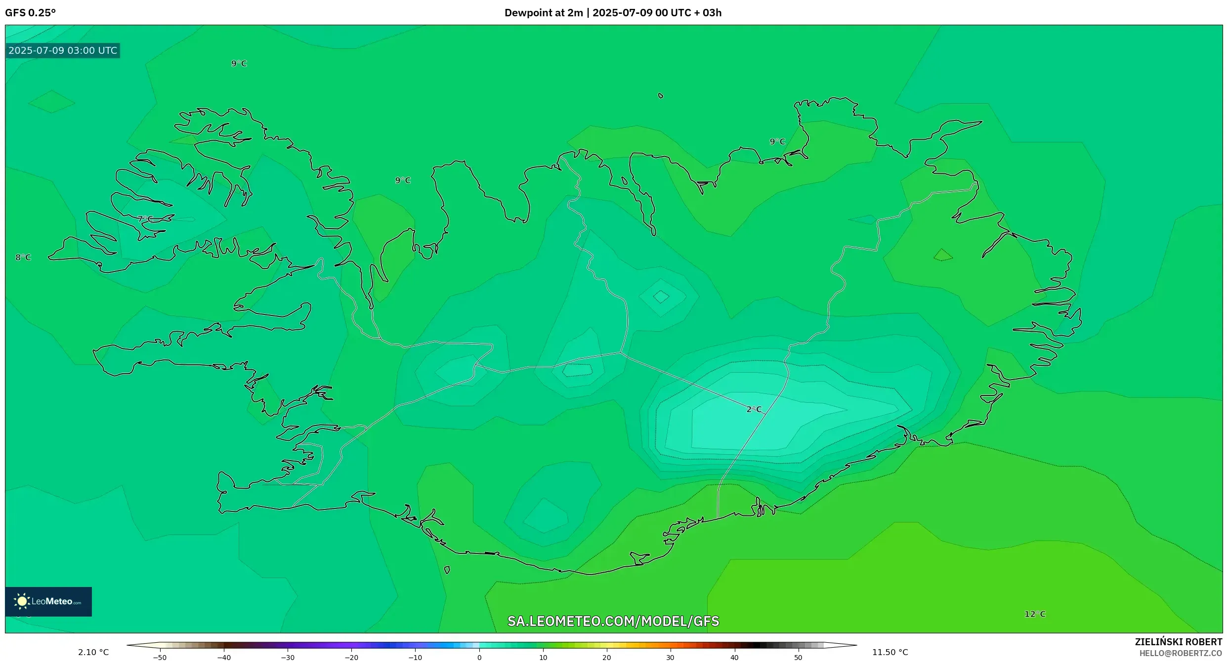 GFS model - Iceland, Dewpoint at 2m GFS model - Iceland, Dewpoint at 2m