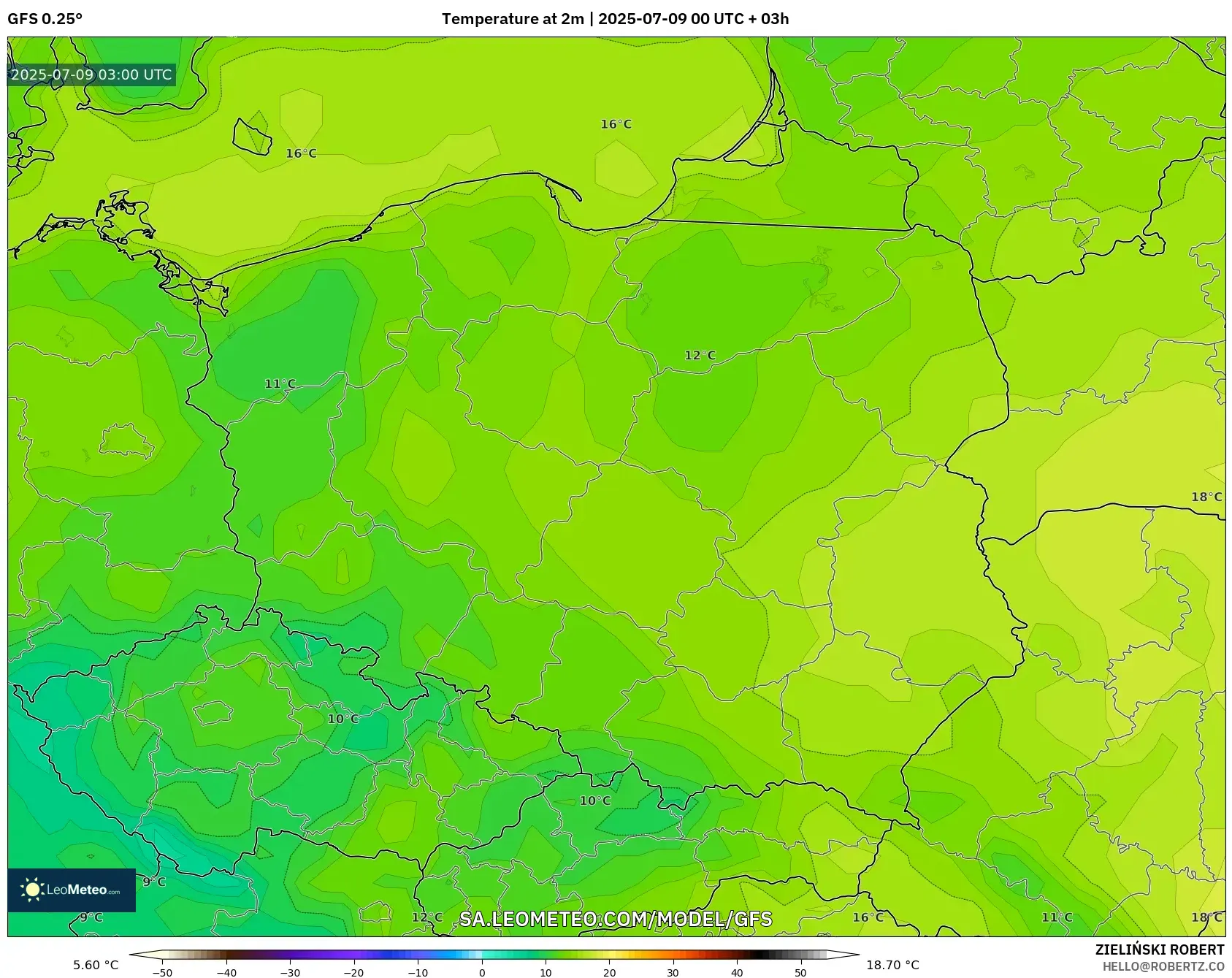 GFS model - Poland, Temperature at 2m GFS model - Poland, Temperature at 2m