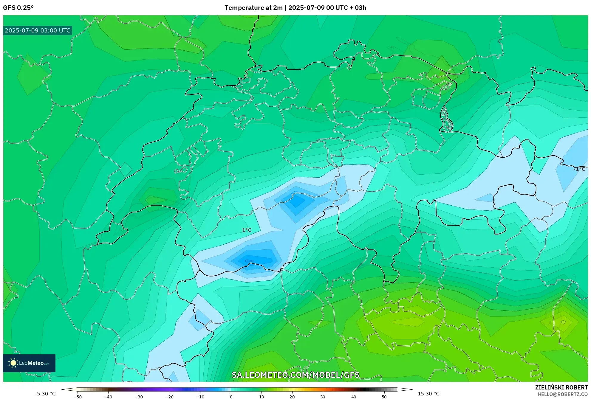 GFS model - Switzerland, Temperature at 2m GFS model - Switzerland, Temperature at 2m