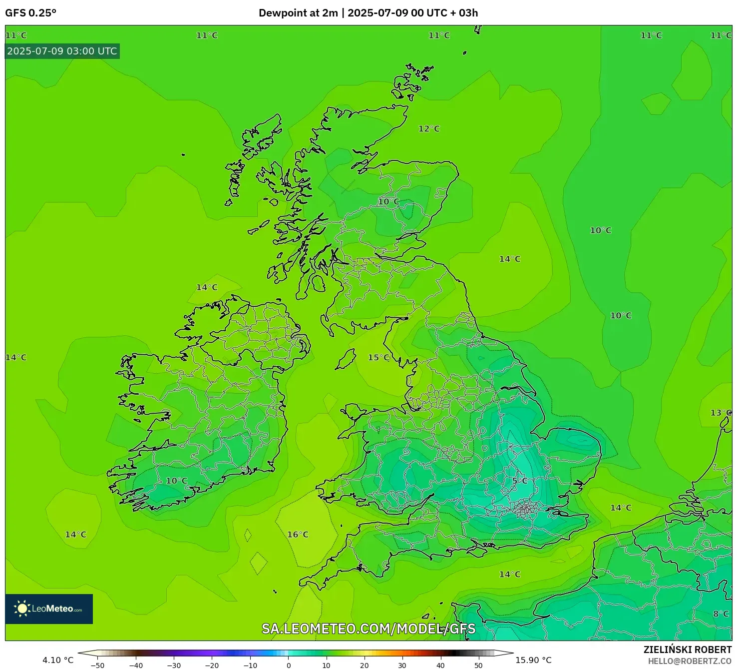 GFS model - United Kingdom, Dewpoint at 2m GFS model - United Kingdom, Dewpoint at 2m
