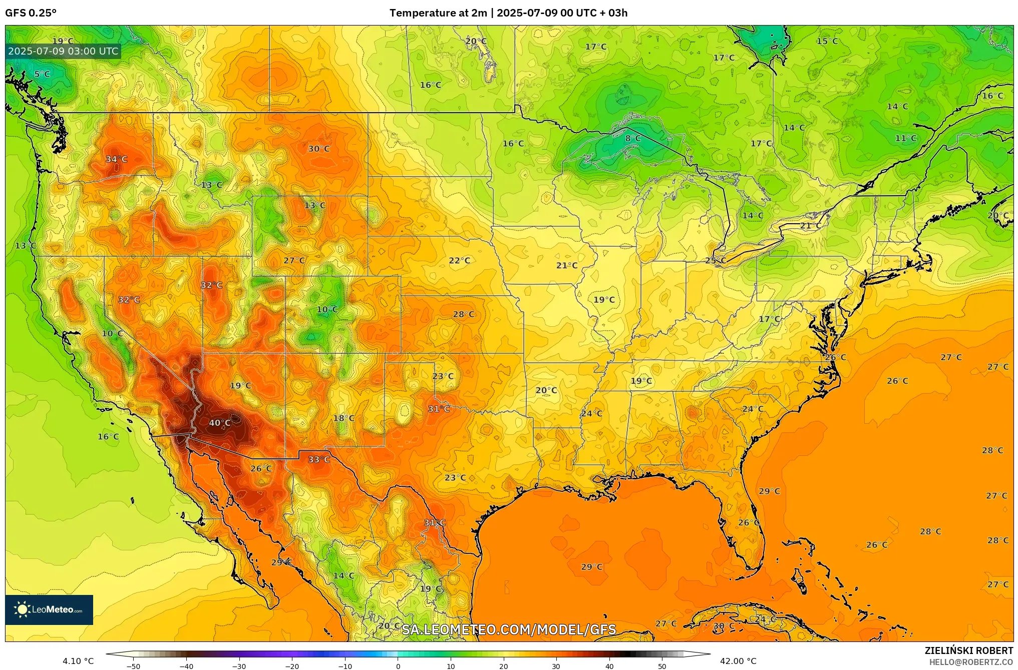 GFS model - United States, Temperature at 2m GFS model - United States, Temperature at 2m
