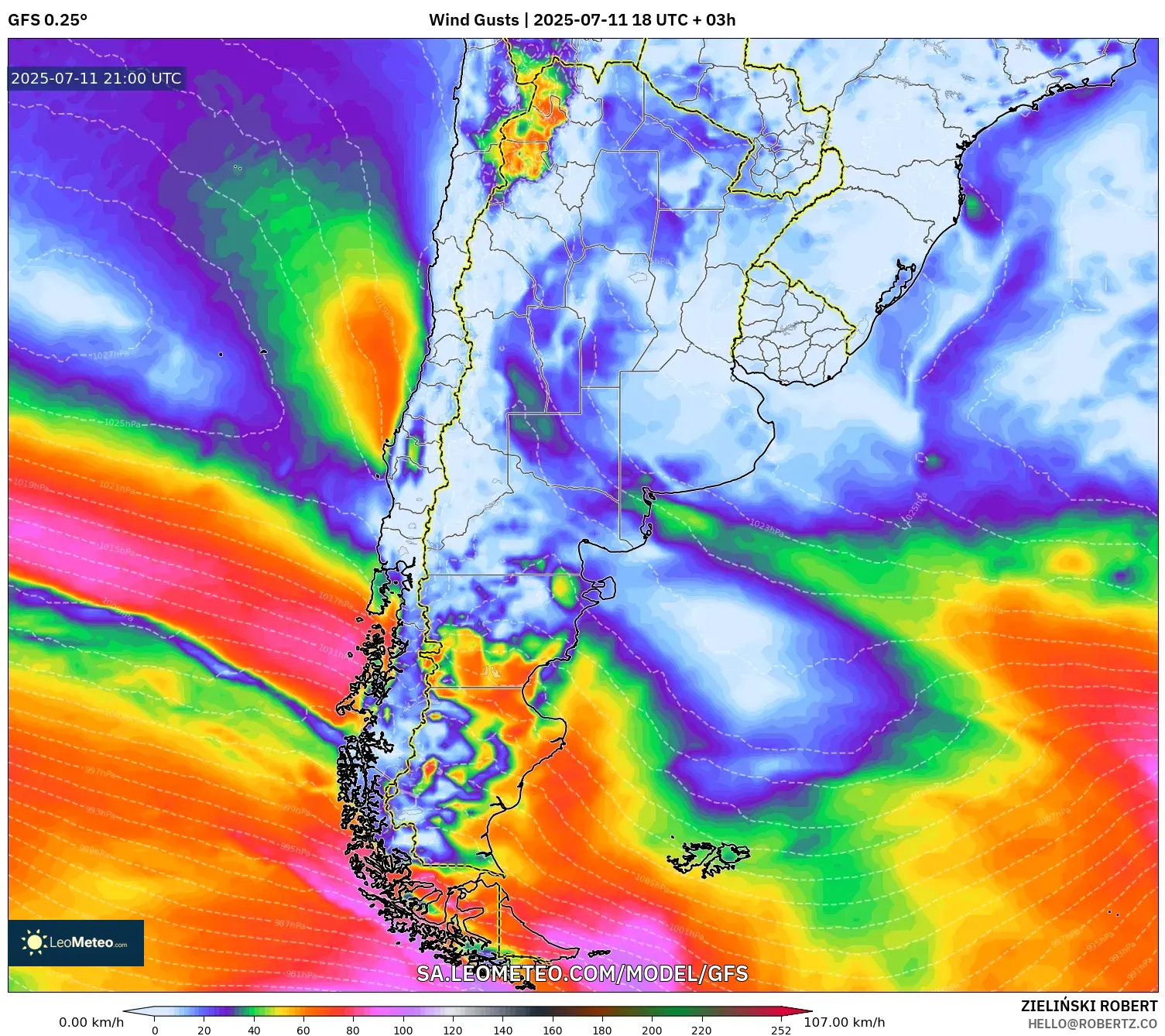 GFS model - Argentina, Wind Gusts GFS model - Argentina, Wind Gusts