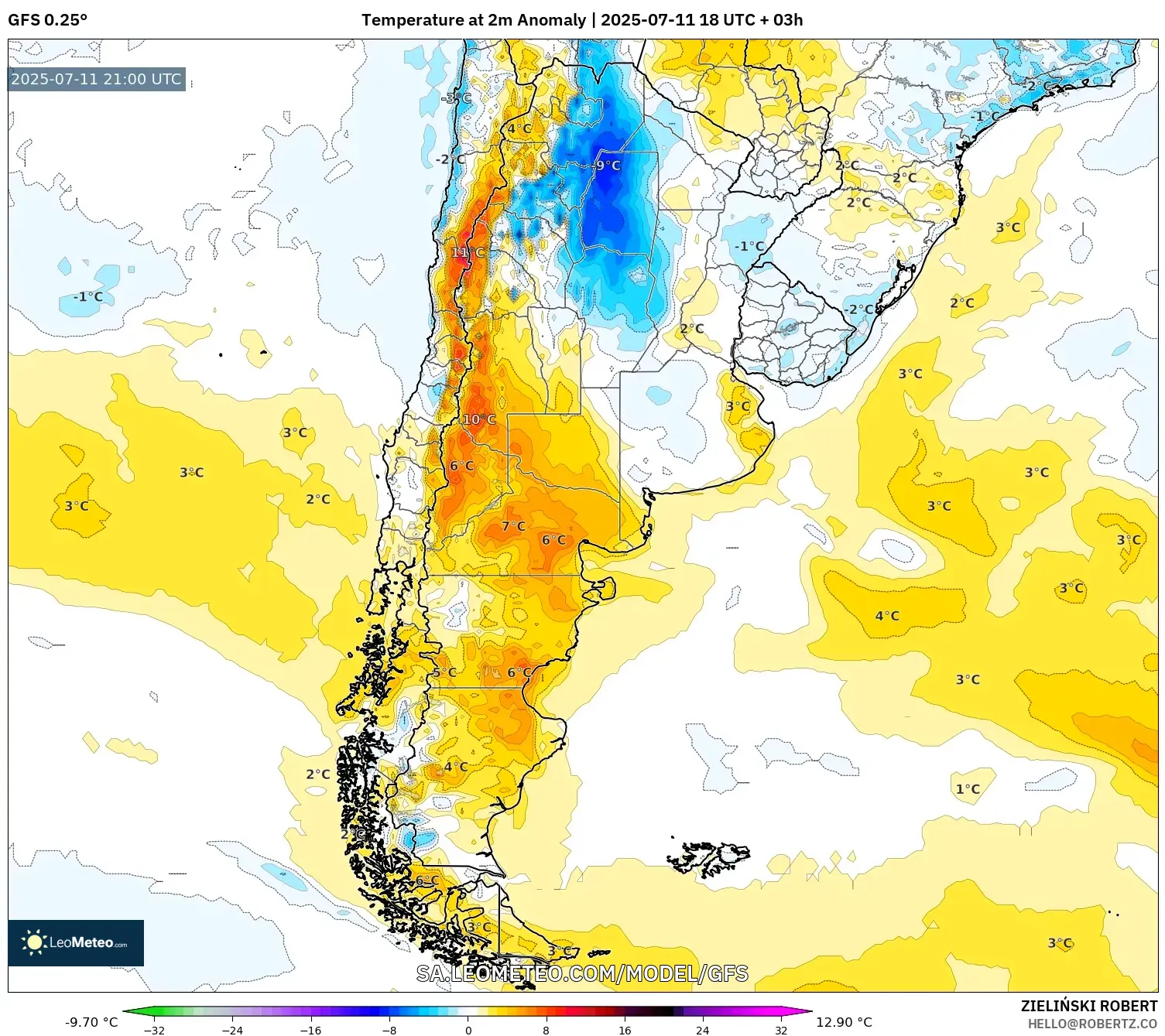 GFS model - Argentina, Temperature at 2m Anomaly