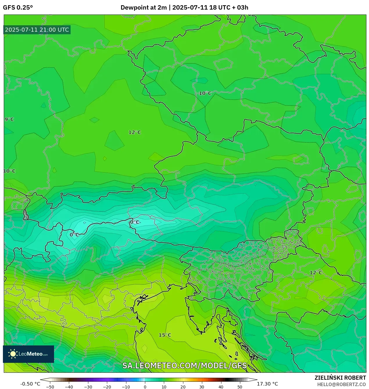 GFS model - Austria, Dewpoint at 2m GFS model - Austria, Dewpoint at 2m