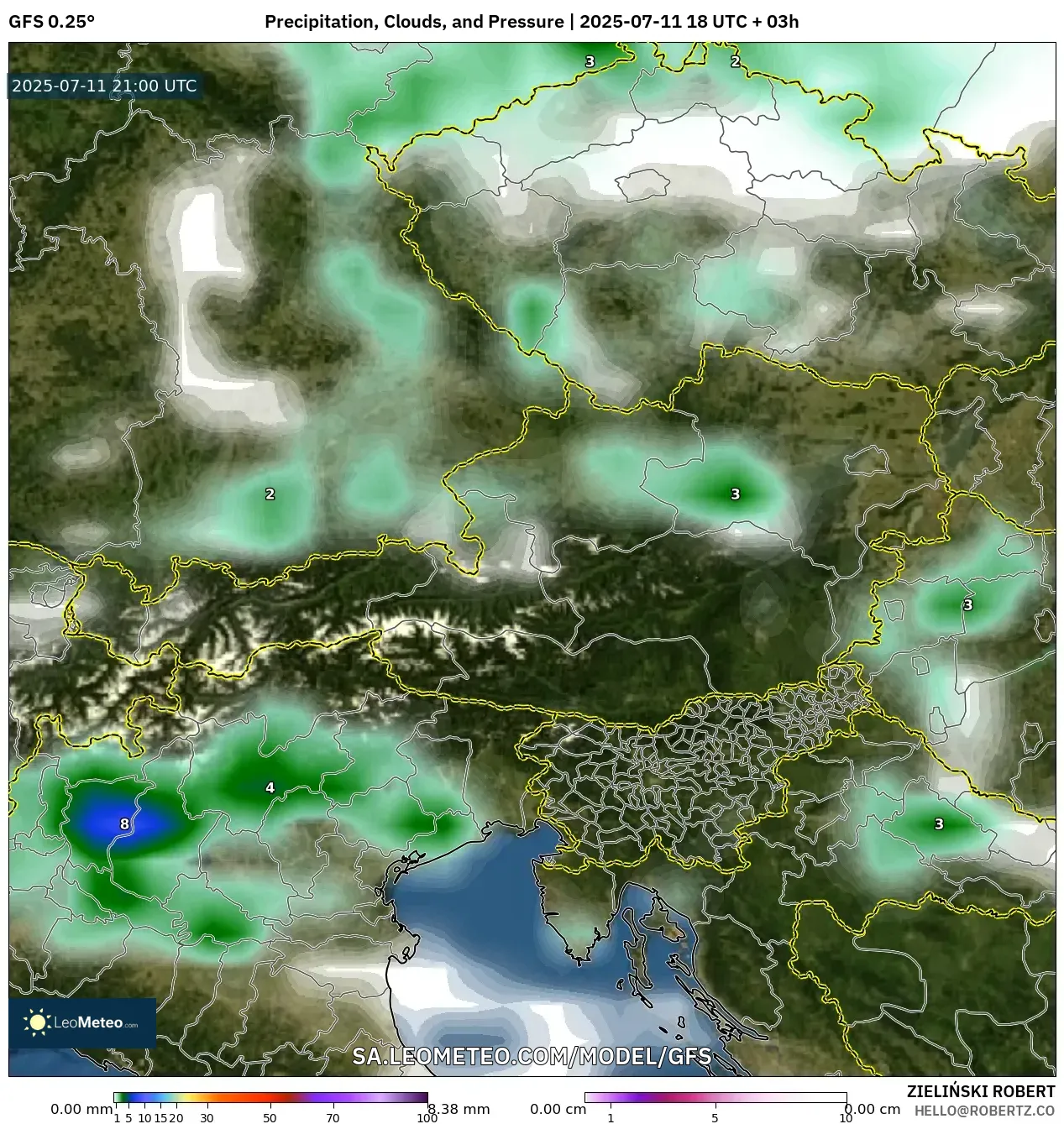 GFS model - Austria, Precipitation, Clouds, and Pressure GFS model - Austria, Precipitation, Clouds, and Pressure