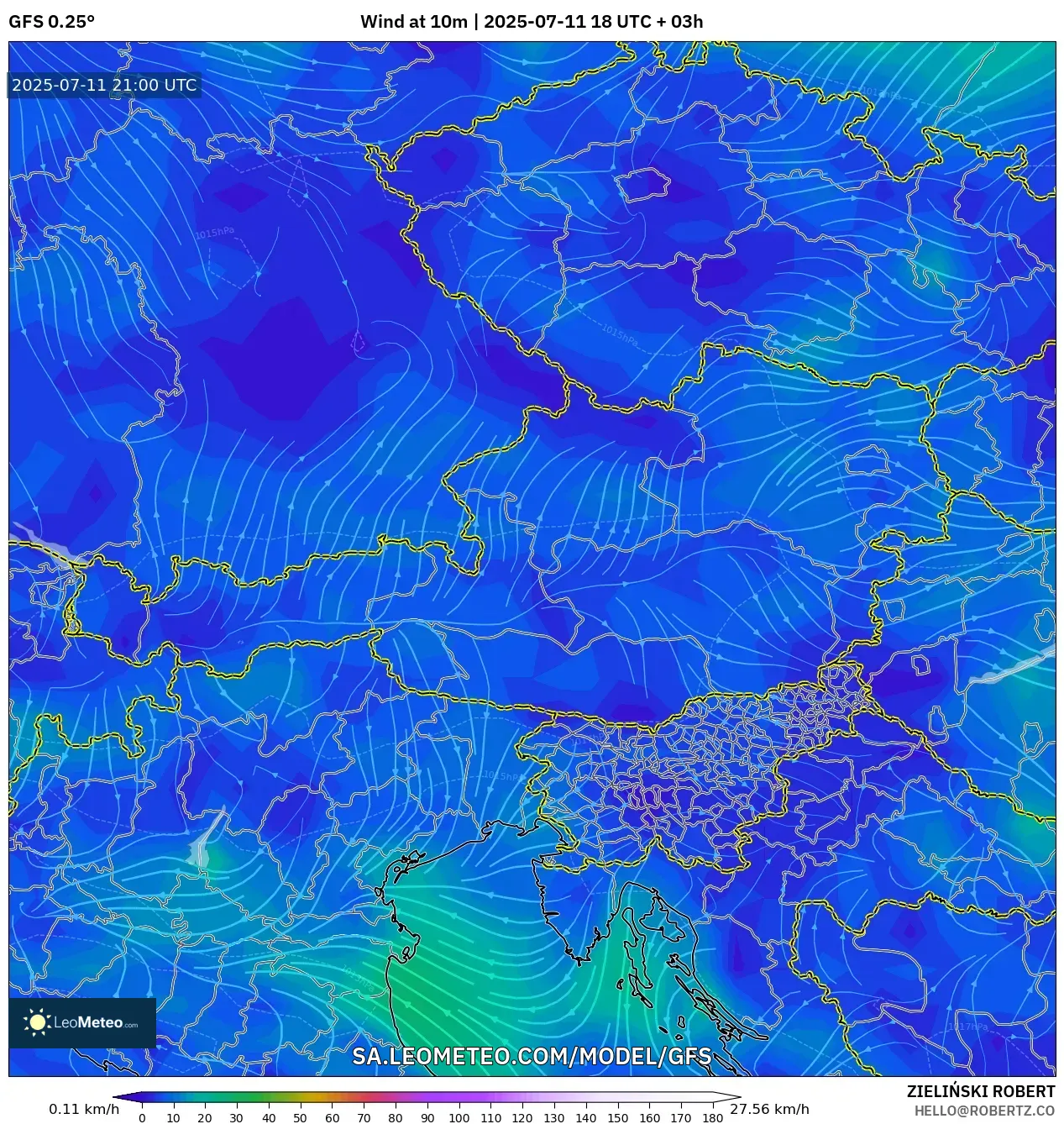 GFS model - Austria, Wind at 10m