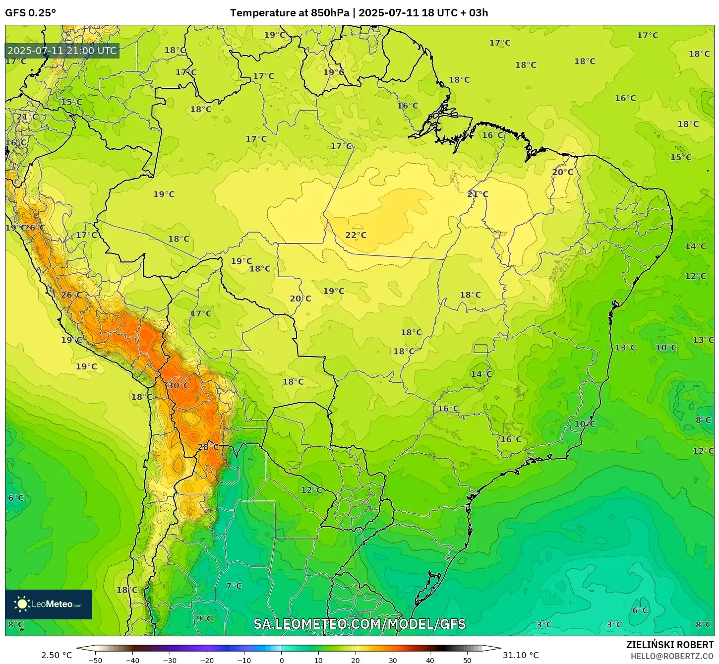 GFS model - Brazil, Temperature at 850hPa GFS model - Brazil, Temperature at 850hPa