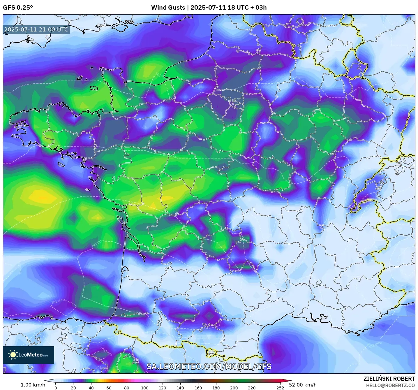 GFS model - France, Wind Gusts GFS model - France, Wind Gusts