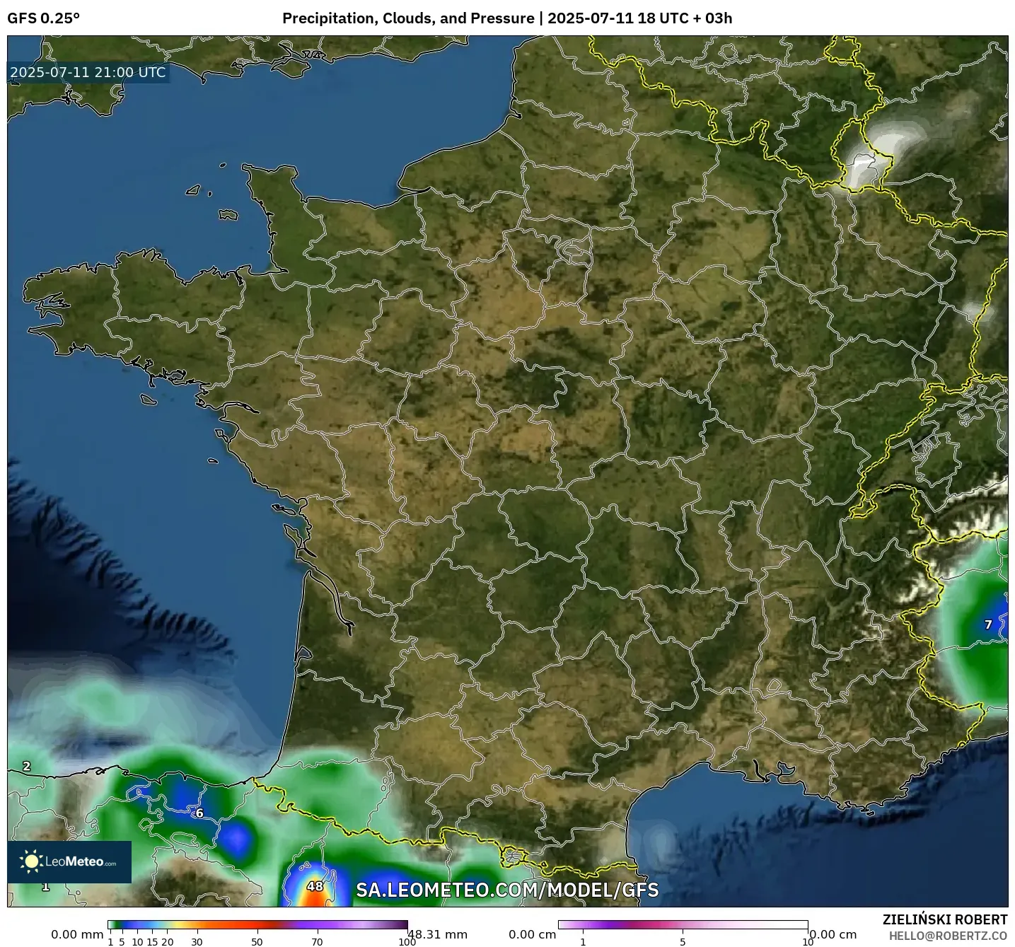 GFS model - France, Precipitation, Clouds, and Pressure