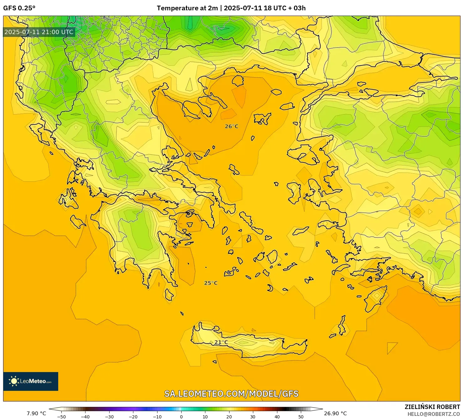 GFS model - Greece, Temperature at 2m
