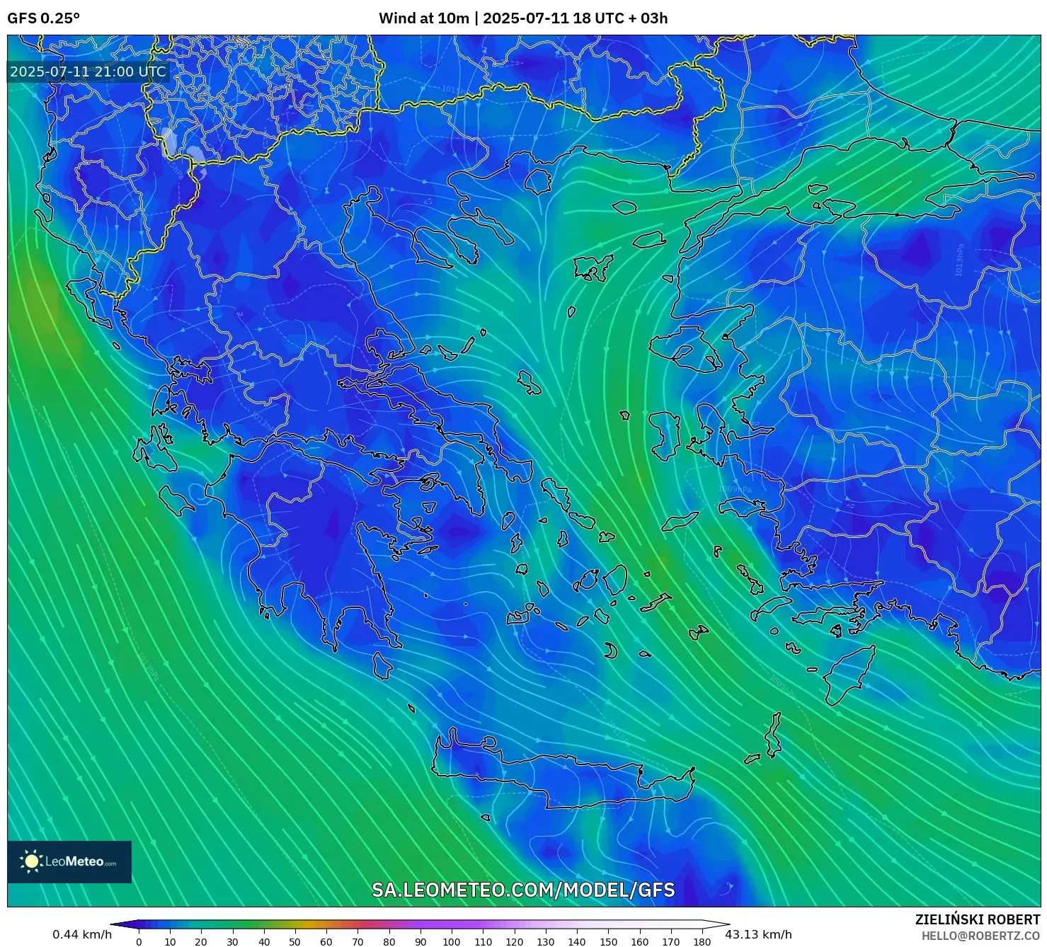 GFS model - Greece, Wind at 10m