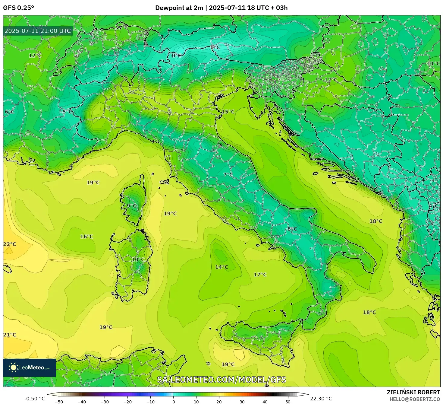 GFS model - Italy, Dewpoint at 2m GFS model - Italy, Dewpoint at 2m