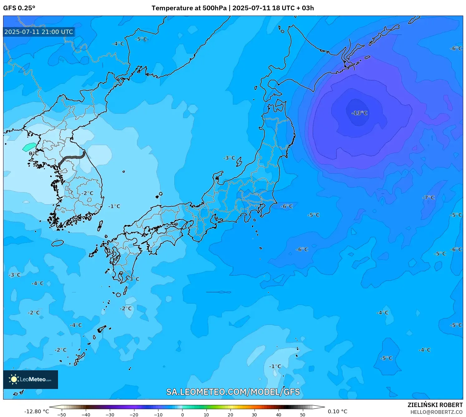 GFS model - Japan, Temperature at 500hPa