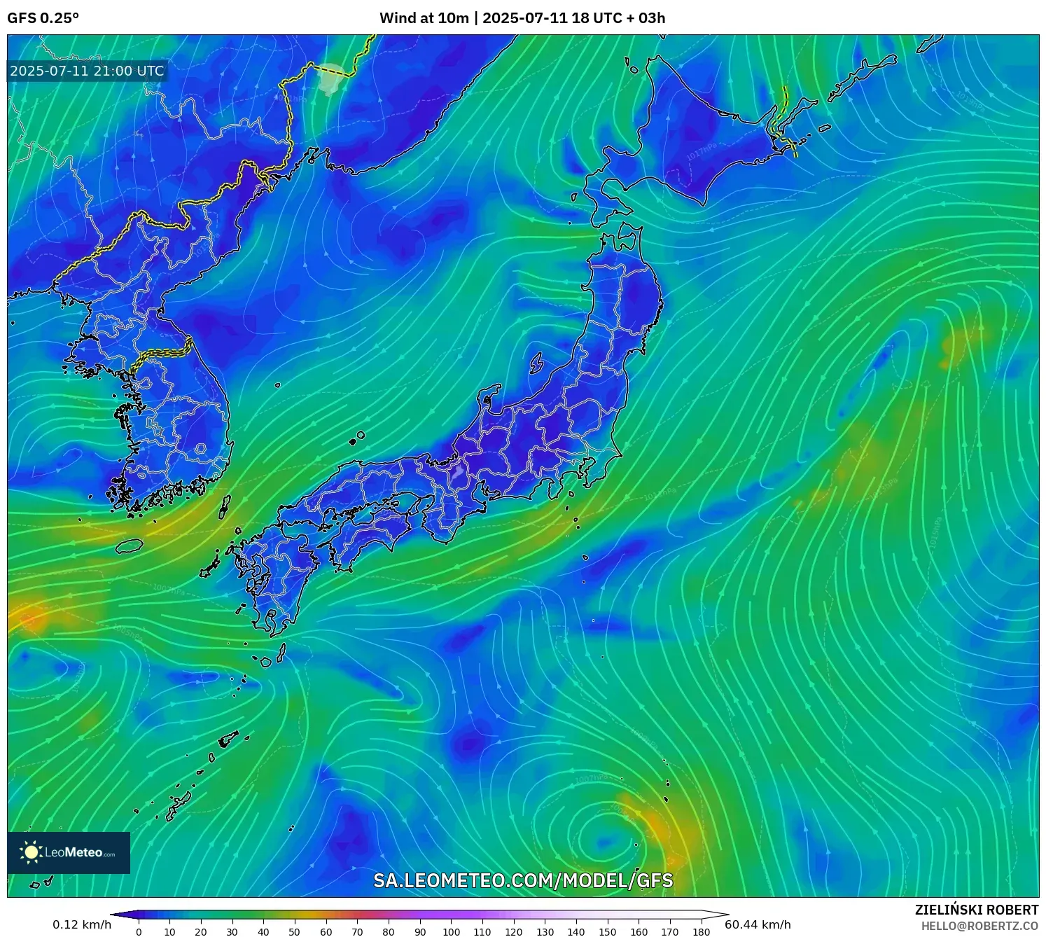 GFS model - Japan, Wind at 10m GFS model - Japan, Wind at 10m