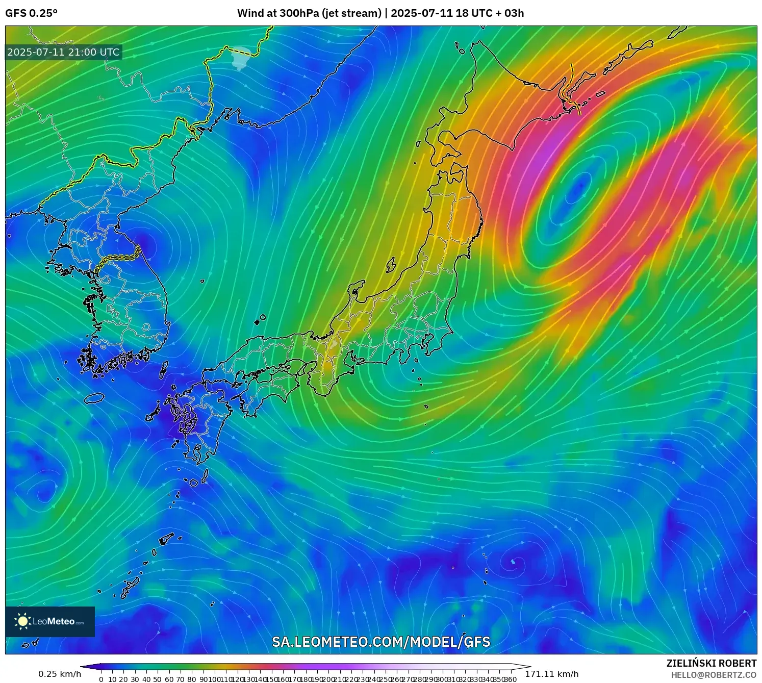 GFS model - Japan, Wind at 300hPa (jet stream)
