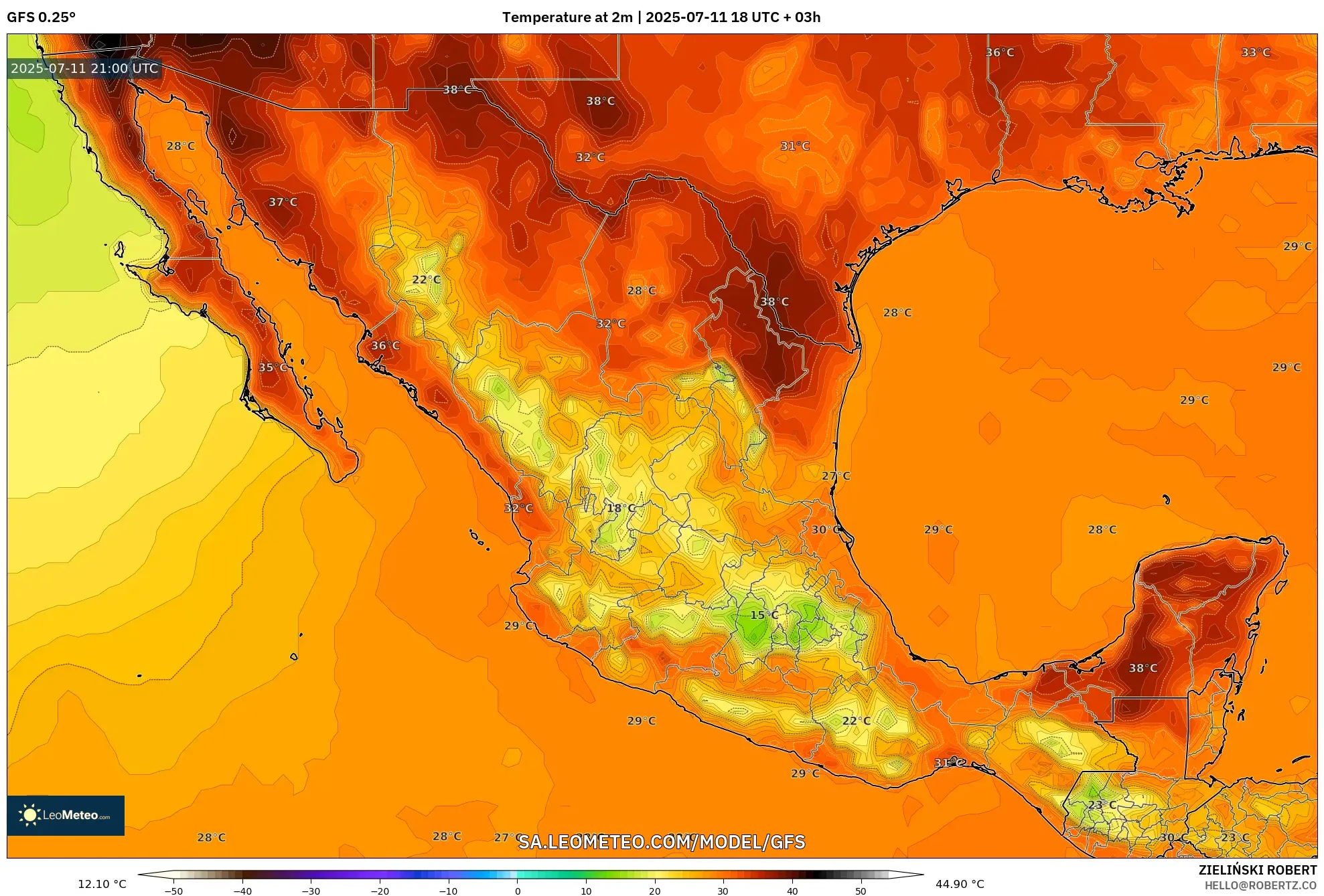 GFS model - Mexico, Temperature at 2m GFS model - Mexico, Temperature at 2m