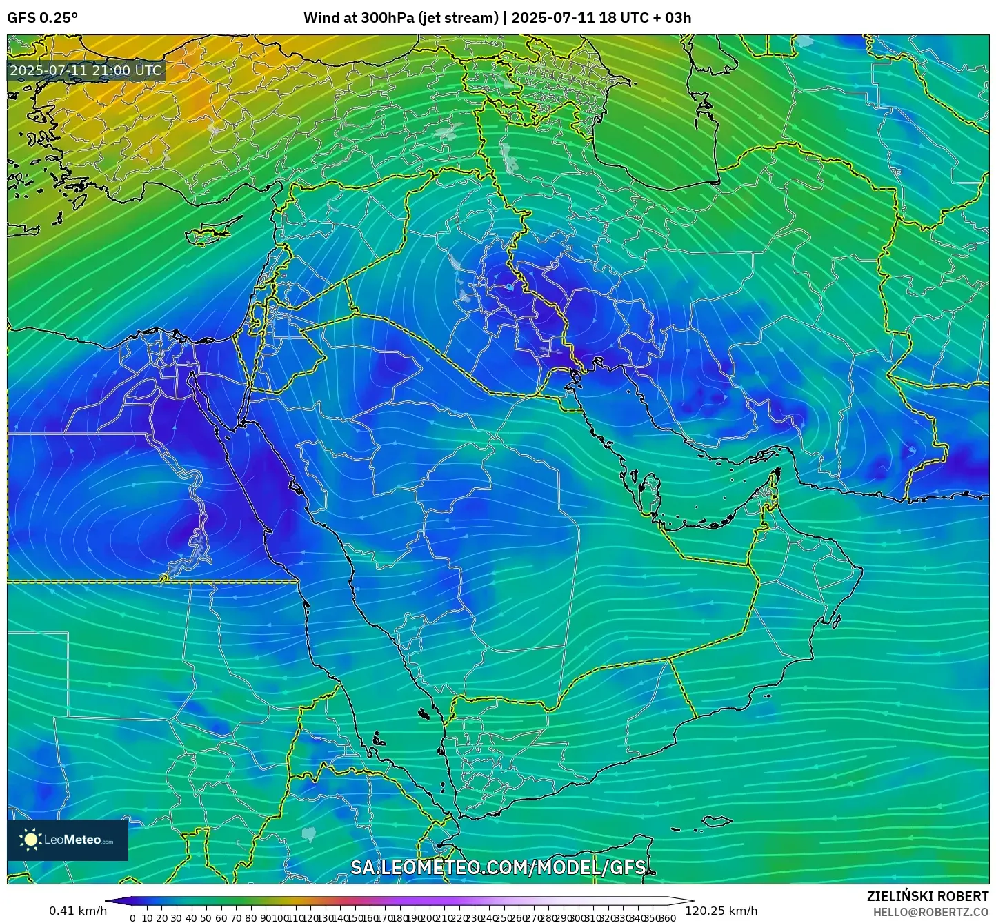 GFS model - Middle East, Wind at 300hPa (jet stream) GFS model - Middle East, Wind at 300hPa (jet stream)