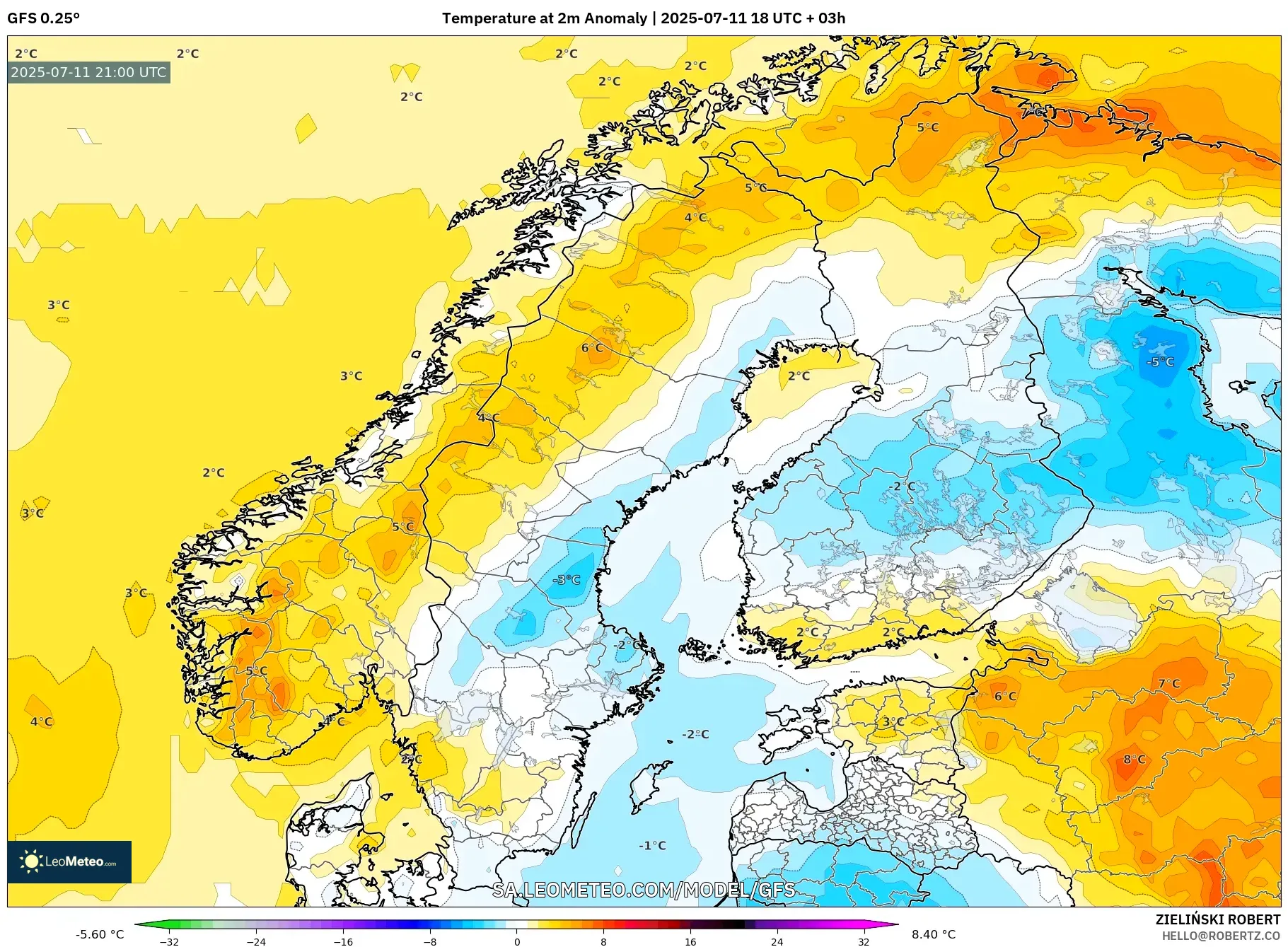 GFS model - Scandinavia, Temperature at 2m Anomaly GFS model - Scandinavia, Temperature at 2m Anomaly
