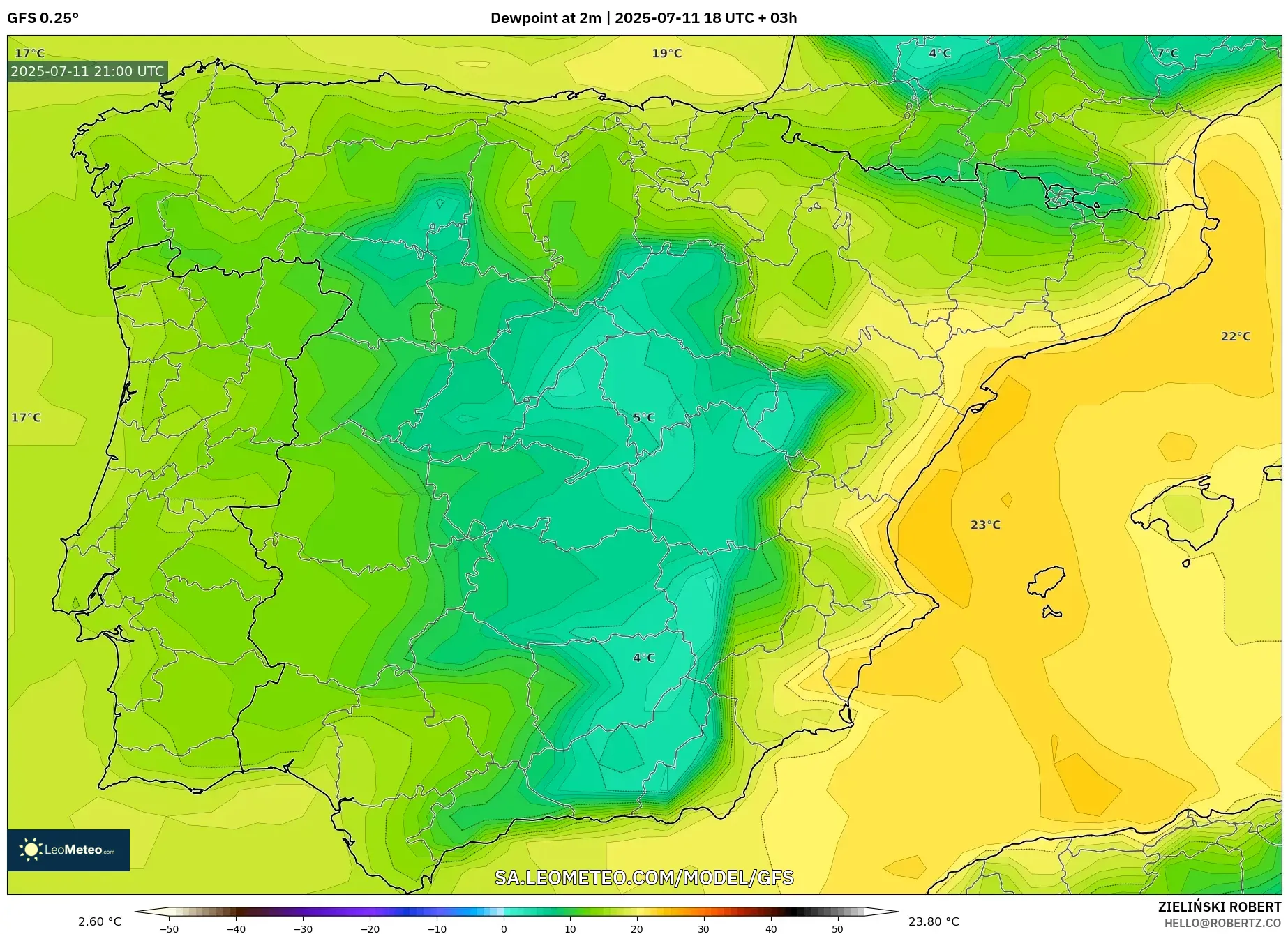 GFS model - Spain, Dewpoint at 2m