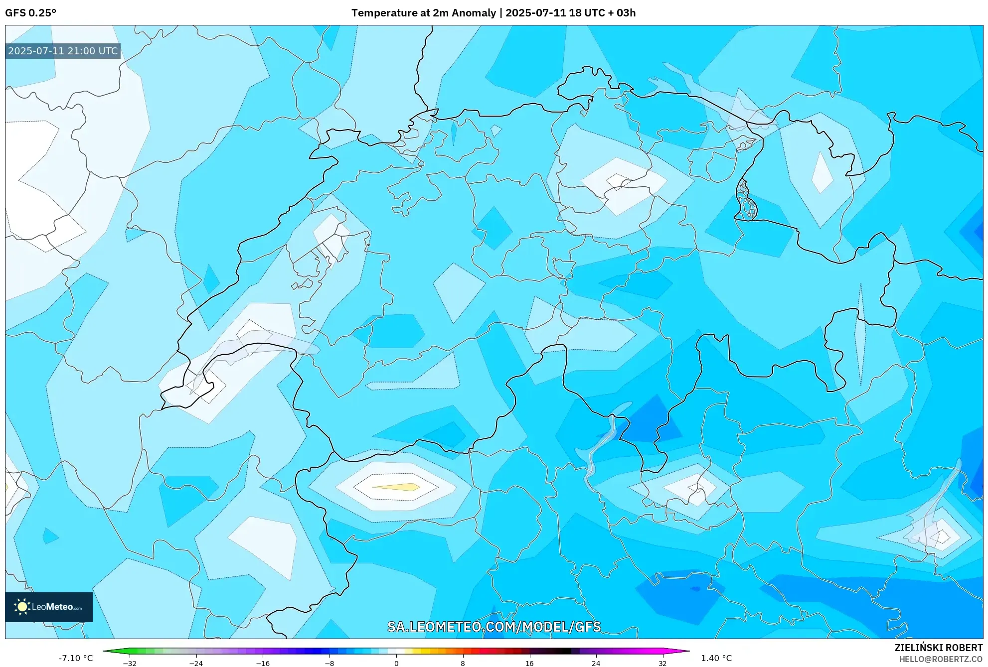 GFS model - Switzerland, Temperature at 2m Anomaly