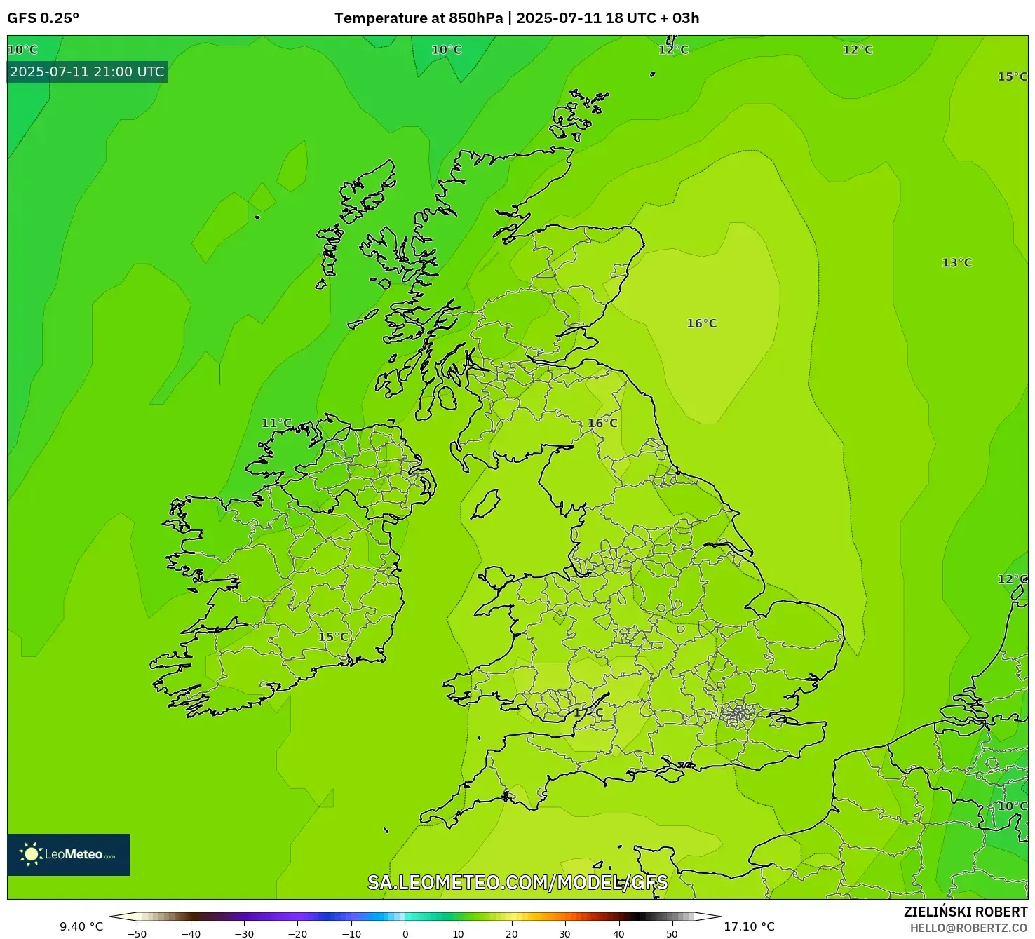 GFS model - United Kingdom, Temperature at 850hPa