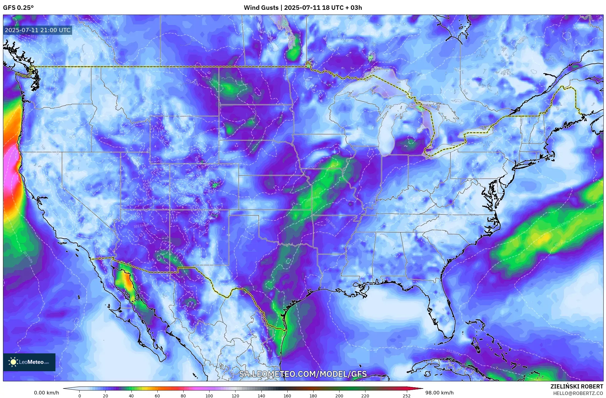 GFS model - United States, Wind Gusts