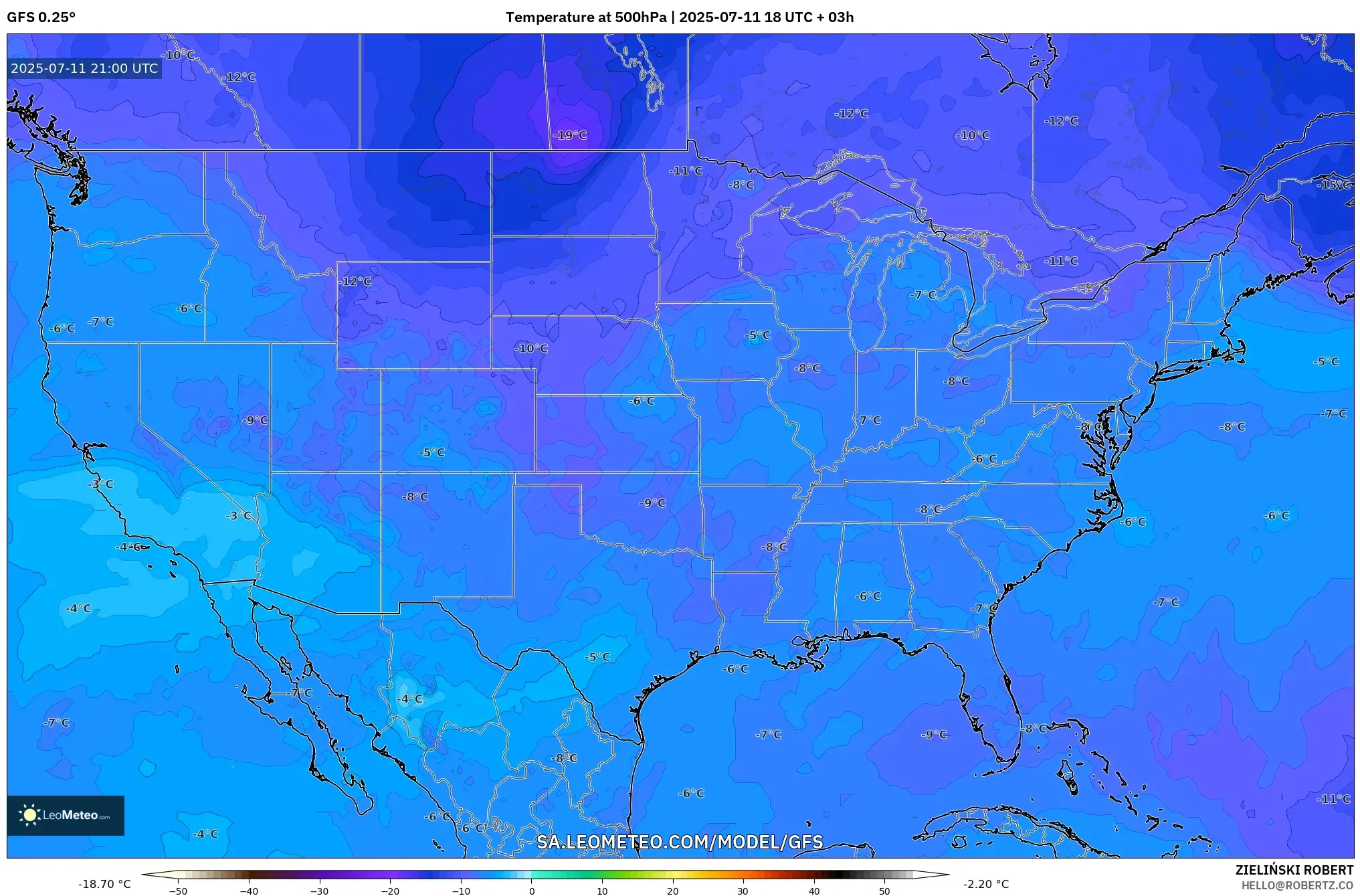 GFS model - United States, Temperature at 500hPa