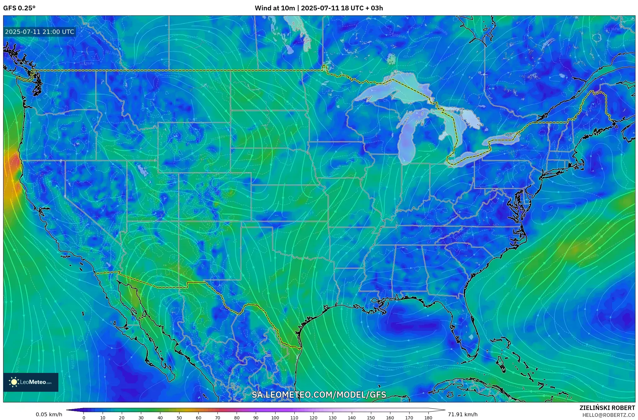 GFS model - United States, Wind at 10m GFS model - United States, Wind at 10m