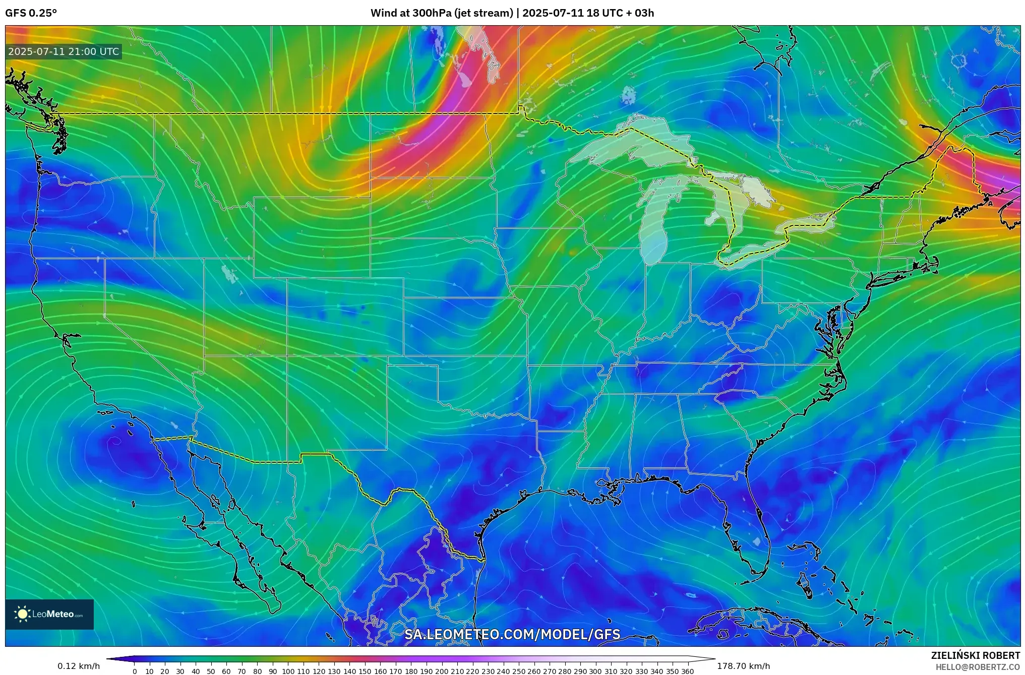 GFS model - United States, Wind at 300hPa (jet stream) GFS model - United States, Wind at 300hPa (jet stream)