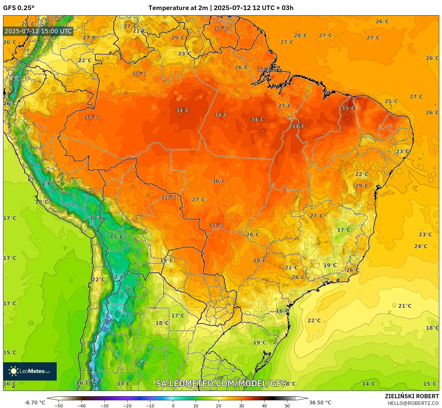 GFS model - Brazil, Temperature at 2m