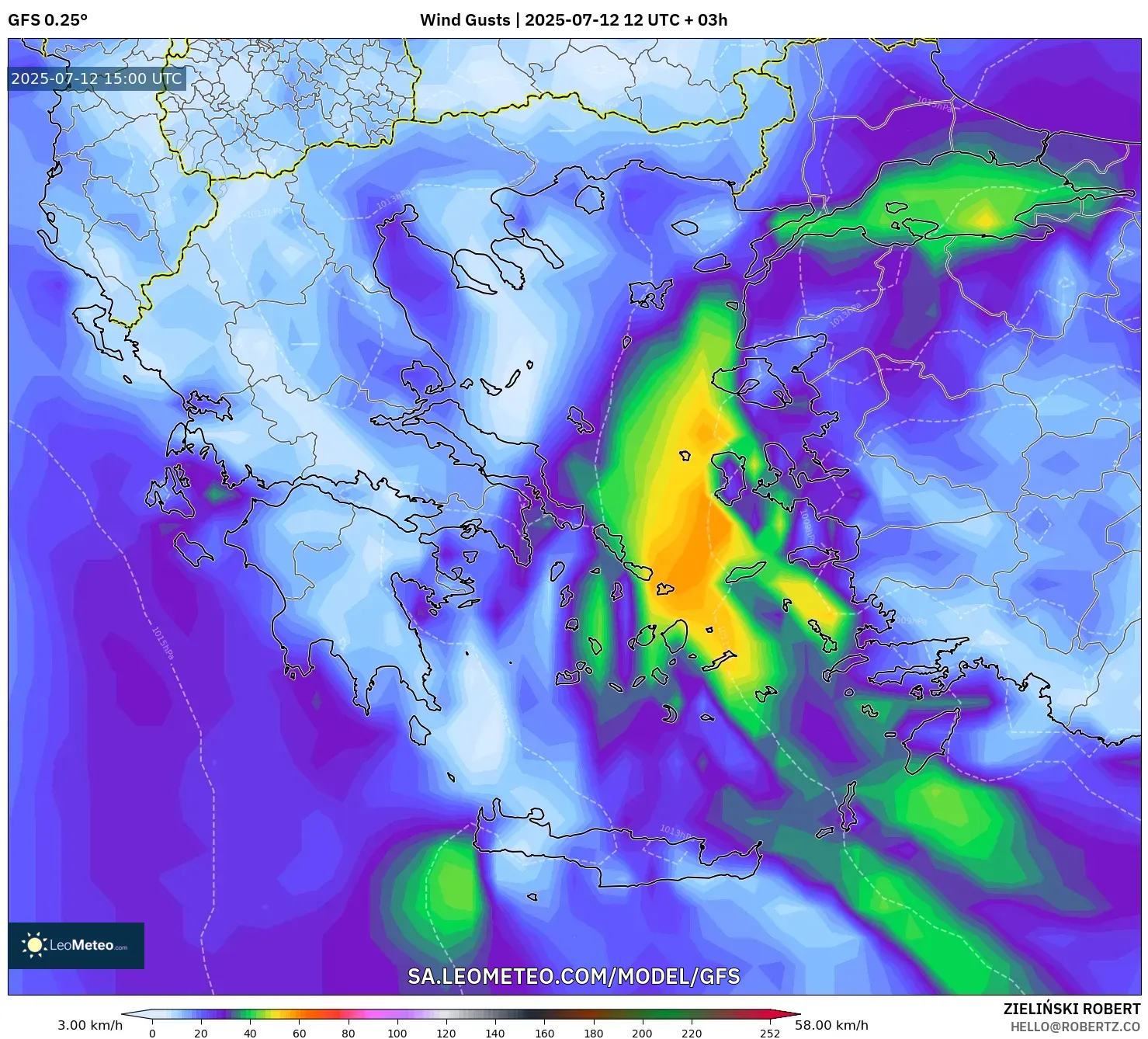 GFS model - Greece, Wind Gusts GFS model - Greece, Wind Gusts