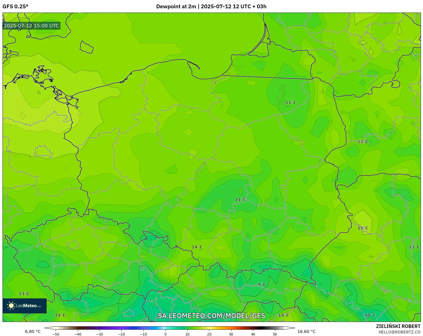 GFS model - Poland, Dewpoint at 2m GFS model - Poland, Dewpoint at 2m